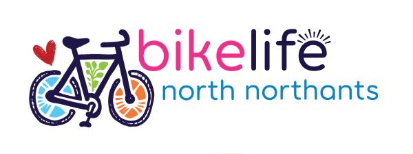 Bikelife North Northants logos with carton image of bicycle, small heart and green plants.