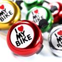 Selection of colourful bike bells with I love my bike design.